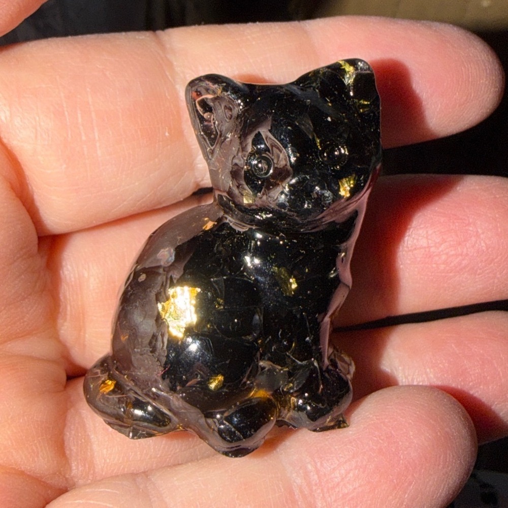 Black Resin‎ Kitten Figurine Gold Flakes Glitter Sitting Cat Charm Trinket